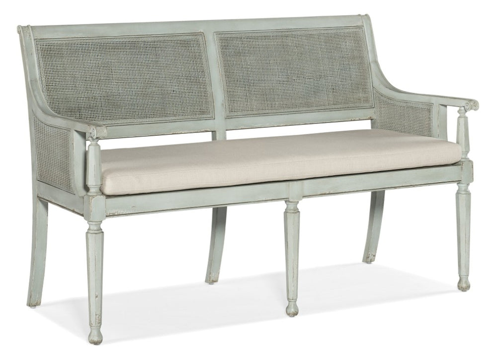 Hooker Furniture Charleston Vintage-Inspired Haint Blue Bench With Cane Accents, Distressed Legs & Oyster Cushion 6750-50004-40