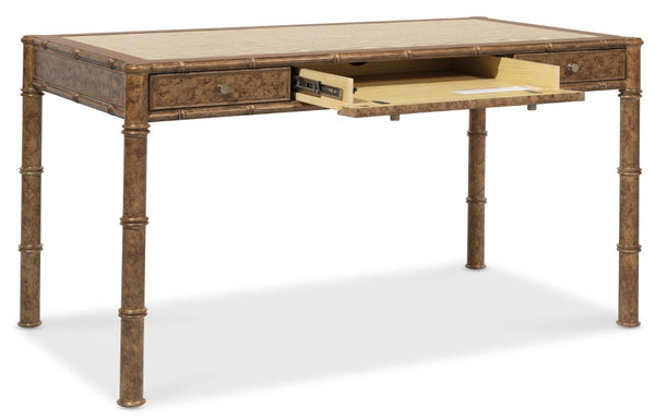 Hooker Furniture Archives Writing Desk With Faux-Tortoise Shell Accent, Woven Cane Top, Glass Surface & 3 Drawers 6123-10458-80