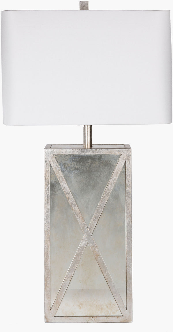 Surya Jaxon Accent Table Lamp - 27" Tall Elegant Glass Design With Soft Linen Shade For Home Lighting Body, Metallic ,Silver,Finial, Metallic ,Silver,Harp, Metallic ,Nickel,Cord, Translucent Glass,Linen Jxlp-001