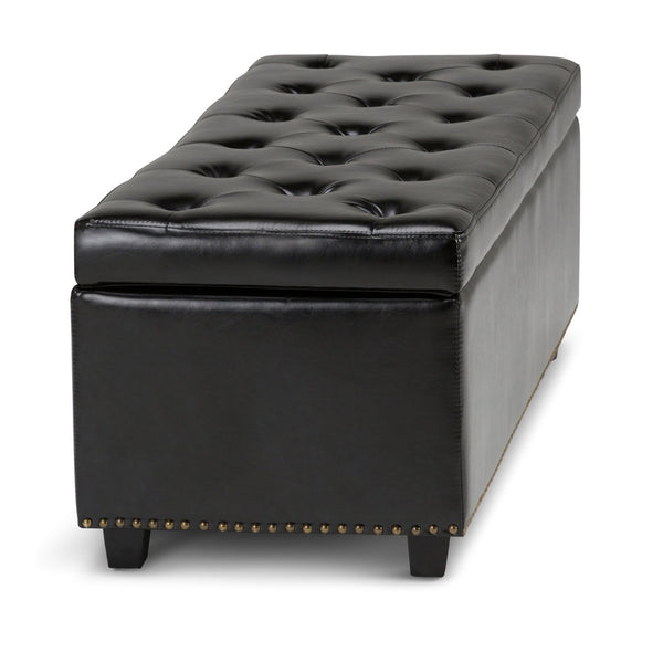 English Elm Hamilton Storage Ottoman: Stylish Midnight Black Vegan Leather With Hidden Storage & Seating Solution B136P158171