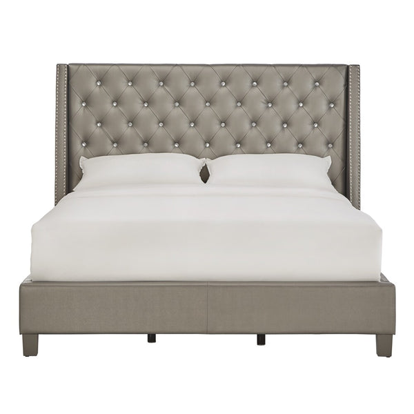 Homelegance By Top-Line Vaughn Faux Leather Crystal Tufted Bed Silver Faux Leather
