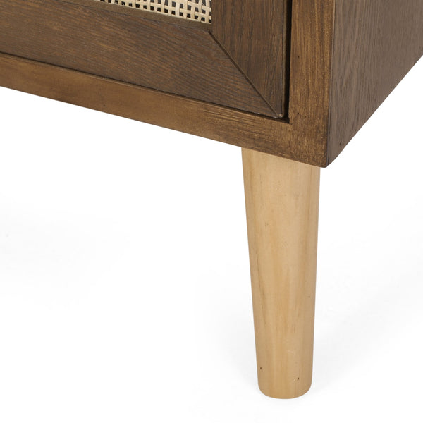 English Elm Christopher Knight Home® - END TABLE Walnut Contemporary Engineered Wood with Rattan Accents, Drawer Storage & Antique Gold Pull 71097.00