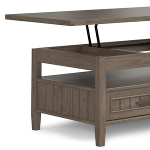 English Elm Lev Lift Top Coffee Table in Smoky Brown Solid Wood with Storage, Drawers & Brushed Bronze Handles B136P158826