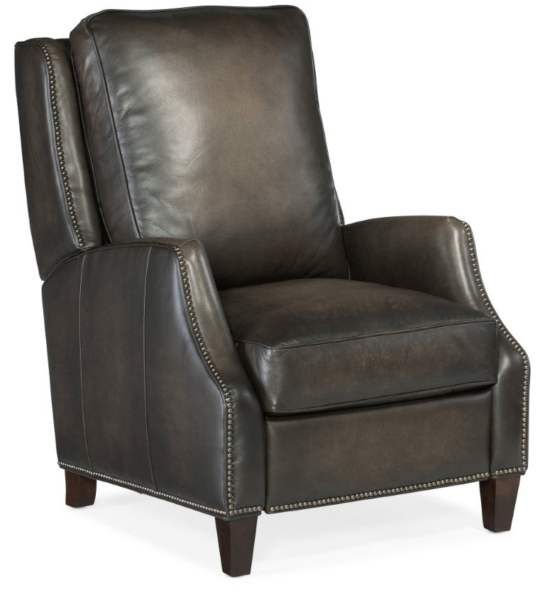 Hooker Furniture Kerley Handcrafted Push-Back Recliner In Sarzana Top-Grain Leather With Dark Walnut Base For Comfort Grey RC260-PB-095