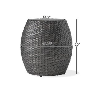English Elm Outdoor Wicker Bombe Side Table Sculptural Iron Frame Weather Resistant Patio Accent Grey 60746.00GRY