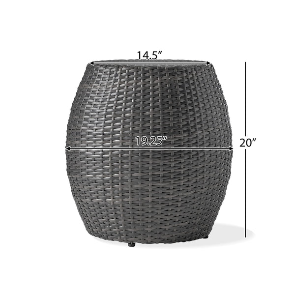 English Elm Outdoor Wicker Bombe Side Table Sculptural Iron Frame Weather Resistant Patio Accent Grey 60746.00GRY