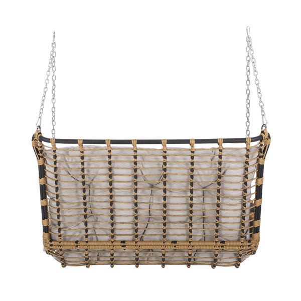 English Elm Christopher Knight Home® - ARRUDA Wicker Porch Swing with Water-Resistant Cushions, Iron Frame, Boho Outdoor Hanging Seat, 800 lb Capacity Brown+Beige 70653.00BGE