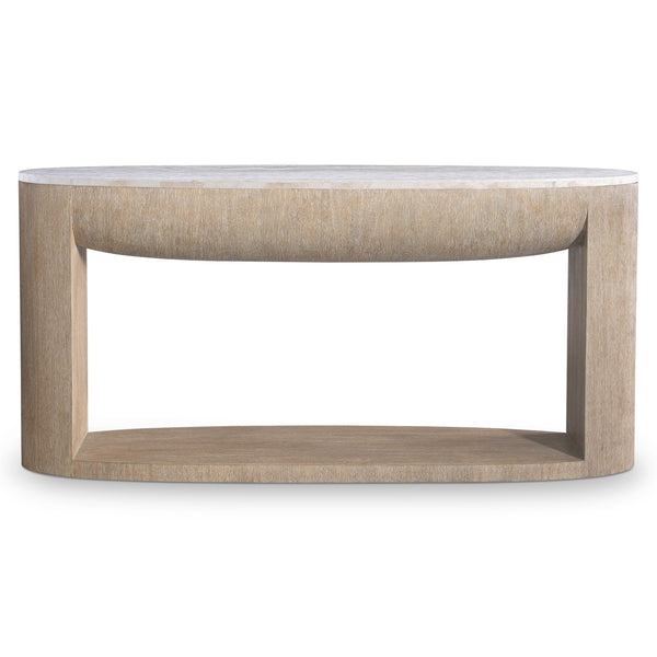 Bernhardt Bernhardt Loggia Oval Console Table With Aria Wood-Grain Resin Base And Solid Travertine Top, 68" Wide 345925