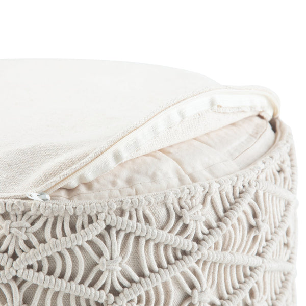 English Elm Coates Round Macrame Pouf in Natural White - Handcrafted Cotton, Supportive Polystyrene Fill, Versatile Accent Seat B136P159319
