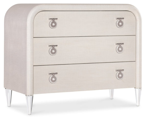 Hooker Furniture Melange Julip Accent Chest With Linen-Wrapped Finish, Acrylic Legs & Chrome Jewelry Pulls, 3 Self-Closing Drawers Whites/Creams/Beiges 628-50205-05