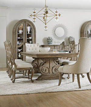 Hooker Furniture Castella Grand Rectangle Dining Table With Antique Slate Finish, Carved Trestle Base & 2 Leaves 5878-75207-80