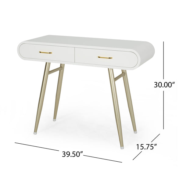 English Elm Christopher Knight Home® - ACCENT White Glam Vanity Table with Gold Legs, 2 Drawers, Faux Wood Top, Modern Chic 39.5"W PMID 64633.00
