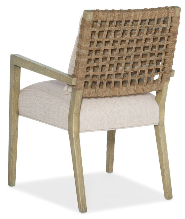 Hooker Furniture Surfrider Driftwood Woven Back Arm Chair With Zuri Cream Upholstery — Coastal, Durable Dining Comfort 6015-75301-80