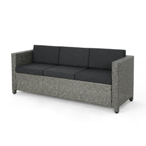English Elm Christopher Knight Home® - PUERTA Outdoor 3-Seater Sofa with Weather-Resistant Cushions, Woven PE Rattan, Iron Frame, Modern Design 62979.00BLK