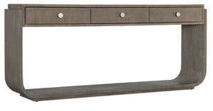 Hooker Furniture Modern Mood Console Table With Raffia Accents, Self-Closing Drawer, Oak Veneer Texture, Pewter Knobs Medium Brown 6850-80451-89