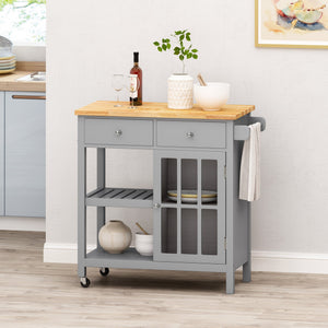 English Elm Christopher Knight Home® - Kitchen Island Cart with Rubberwood Top, Grey Mobile Kitchen Cart on Wheels with Cabinet, Hooks and Drawers 67755.00NATGRY