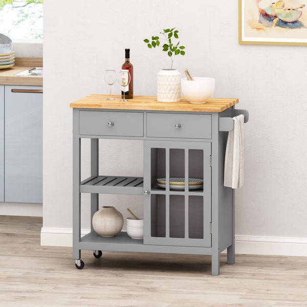 English Elm Christopher Knight Home® - Kitchen Island Cart with Rubberwood Top, Grey Mobile Kitchen Cart on Wheels with Cabinet, Hooks and Drawers 67755.00NATGRY