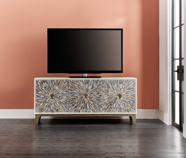 Hooker Furniture Melange Starburst Bone Inlay Entertainment Console — Mango Wood, Gold Accents, Ventilated Storage For 70" Tvs 628-55001-02