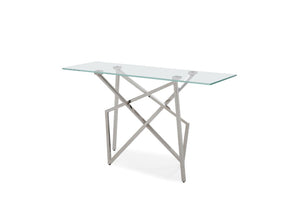 VIG Furniture Hawkins Tempered Glass Console Table, 55"W X18"D X32"H — Stainless Steel Geometric Base, Slim Stylish Entryway VGVCK129