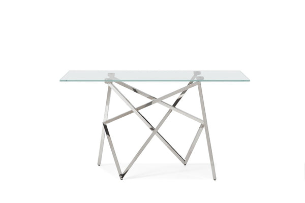VIG Furniture Hawkins Tempered Glass Console Table, 55"W X18"D X32"H — Stainless Steel Geometric Base, Slim Stylish Entryway VGVCK129