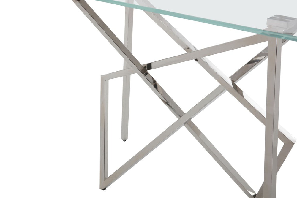 VIG Furniture Hawkins Tempered Glass Console Table, 55"W X18"D X32"H — Stainless Steel Geometric Base, Slim Stylish Entryway VGVCK129