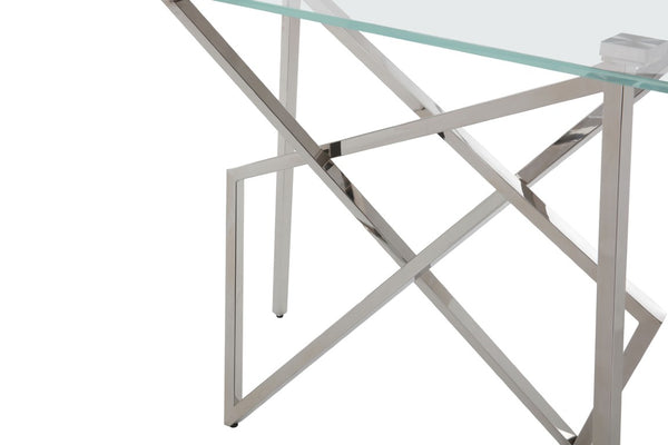 VIG Furniture Hawkins Tempered Glass Console Table, 55"W X18"D X32"H — Stainless Steel Geometric Base, Slim Stylish Entryway VGVCK129