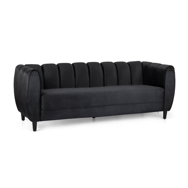 English Elm Miranda Channel Stitch Velvet Sofa Glam Living Room Seating with Tapered Birch Legs Black 68604.00ABLK_68604.00BBLK