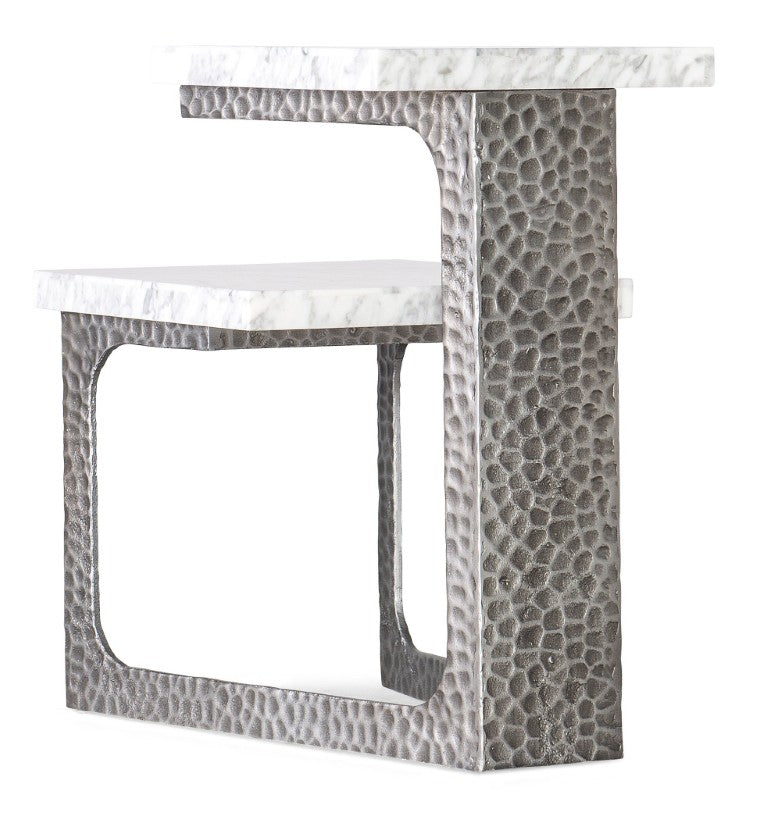 Hooker Furniture Melange Glendon Side Table With Carrara Marble Veneer Top And Distressed Silver Cast Metal Base 14.00 L x 22.00W x 22.50H 628-50035-00