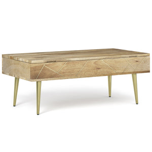English Elm Jager Lift Top Coffee Table - Handcrafted Natural Mango Wood With Gold Accents & Hidden Storage B136P158756