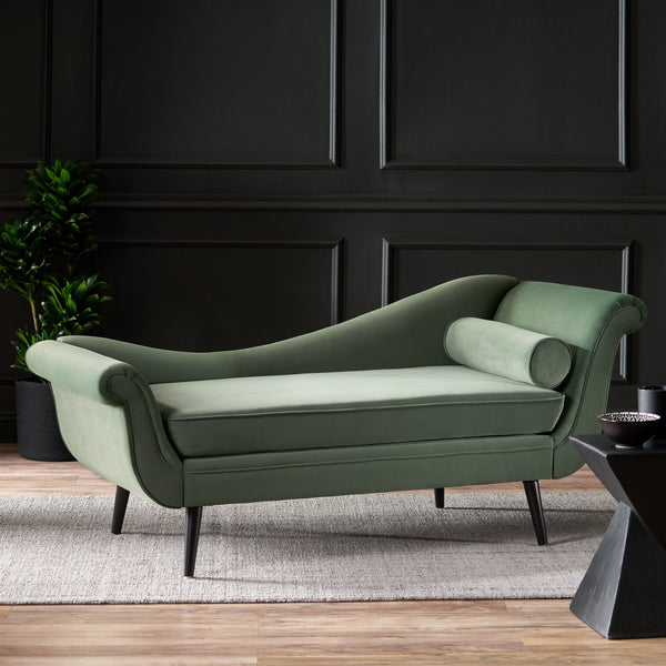 English Elm Chaise Lounge Velvet Upholstered with Birch Legs Elegant Salon Style Living Room Accent Sage 69103.00SAGE