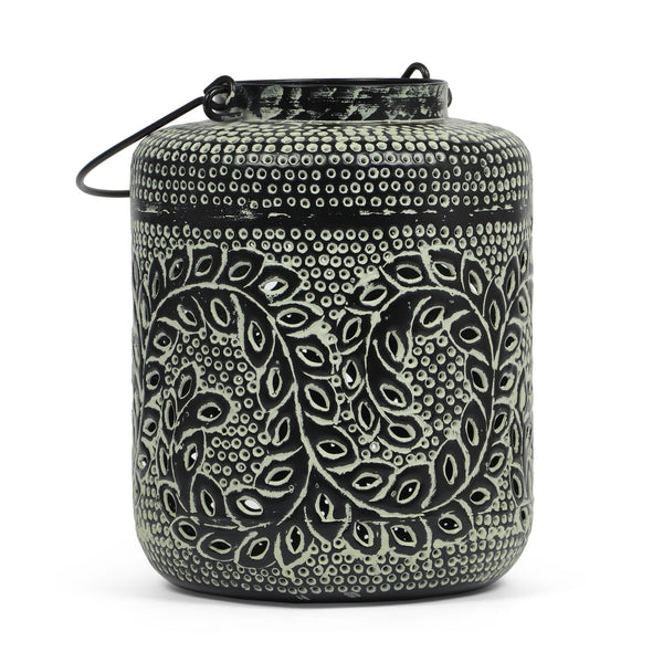 English Elm Christopher Knight Home® - LANTERN Large Indian Iron Decorative Lantern with Green Patina & Leaf Design, Handcrafted Distressed Elegance 69373.00