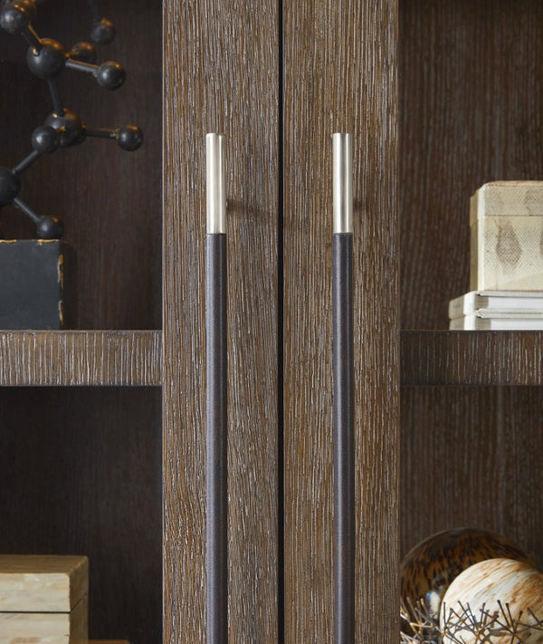 Hooker Furniture Modern Mood Display Cabinet With Integrated Lighting, Quartered Oak Veneer, Leather Pulls, Soft-Close Doors Medium Brown 6850-75906-89