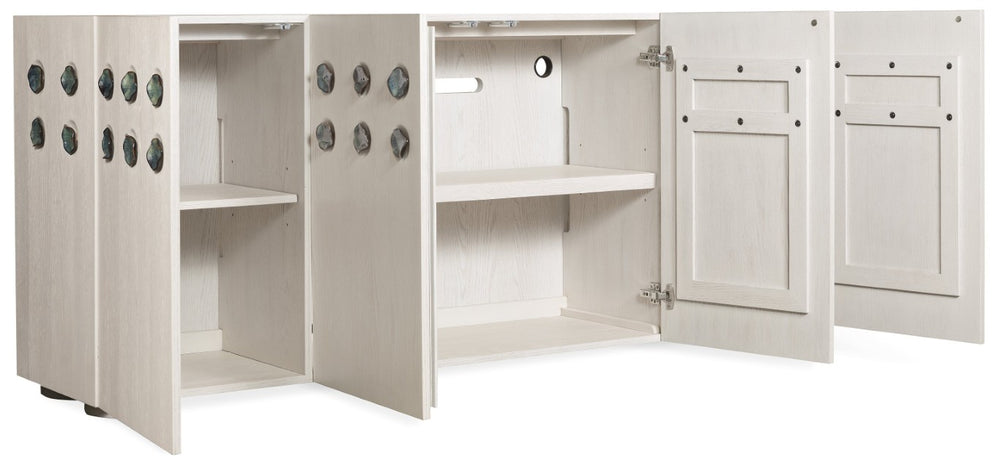 Hooker Furniture Commerce Pilea Credenza — White Oak Entertainment Console With Green Ceramic Lily-Pad Pulls, Soft-Close Doors, Ventilated Wire Management And Adjustable Shelving For Large Media Setups 7228-55041-02