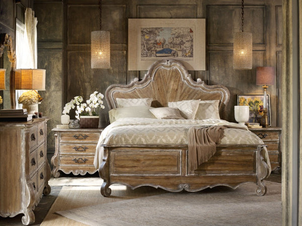 Hooker Furniture Chatelet King Panel Bed With Sweeping Headboard, Caramel Froth Pecky Pecan Veneers, Distressed Charm Light Brown 5300-90266