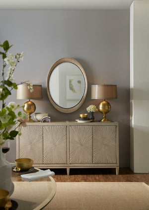 Hooker Furniture Elixir Sculptural Buffet With Starburst Doors, Gray-Beige Walnut Veneer, Ventilated Media Console 5990-75900-LTWD