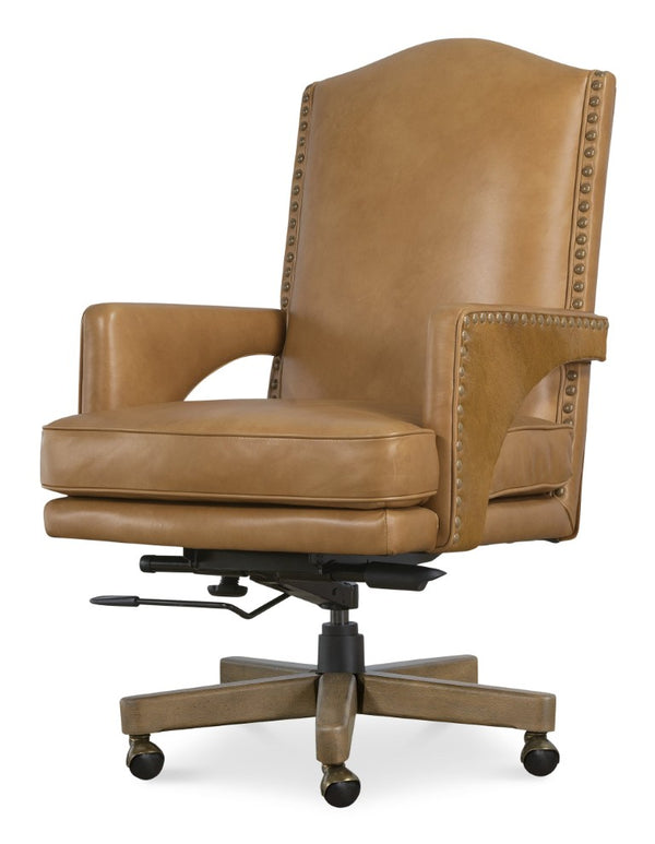 Hooker Furniture Rochelle Executive Swivel Tilt Chair With Two-Tone Aniline Leather, Hair-On-Hide Accent, Nailhead Trim Brown EC845-080