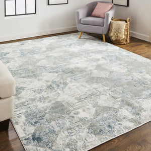 Feizy Rugs Atwell Contemporary Abstract Low Pile Rug - Ethereal Distressed Design In Silvery Aqua And Gray Green,Ivory Polypropylene Atl3868fgrnmlti38