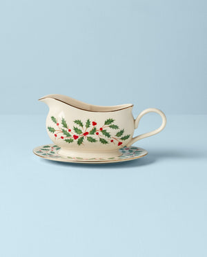 Lenox Holiday Gravy Boat & Stand Red & Green, IVORY PORCELAIN 843318