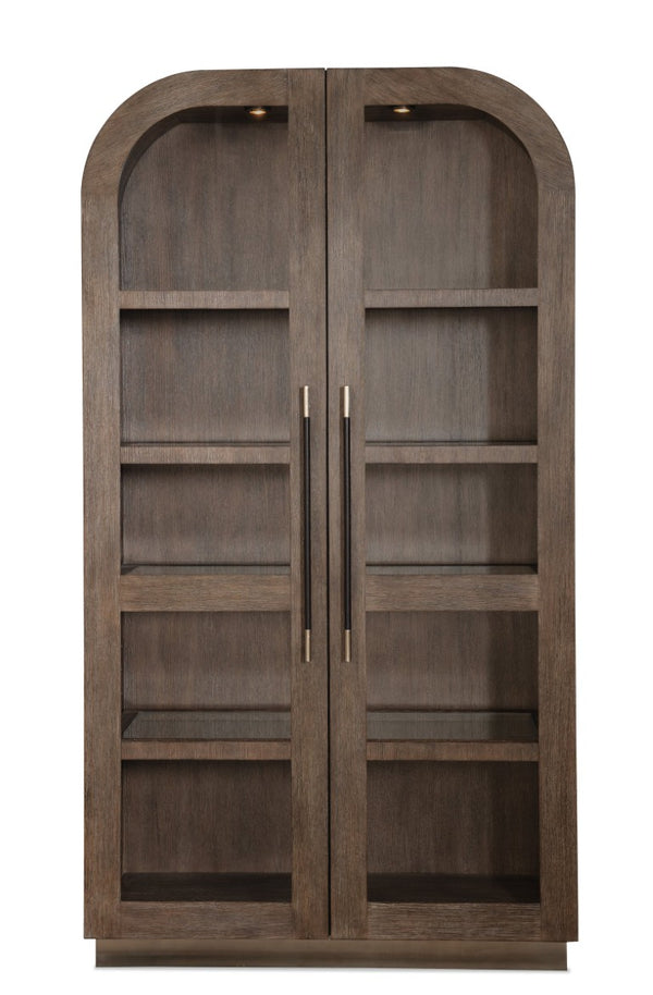 Hooker Furniture Modern Mood Display Cabinet With Integrated Lighting, Quartered Oak Veneer, Leather Pulls, Soft-Close Doors Medium Brown 6850-75906-89