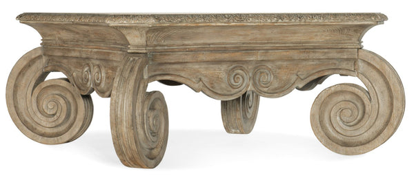 Hooker Furniture Castella Solid Square Cocktail Table 49" Antique Slate Finish — Carved Scroll Legs, Distressed Rustic Elegance 5878-80112-80