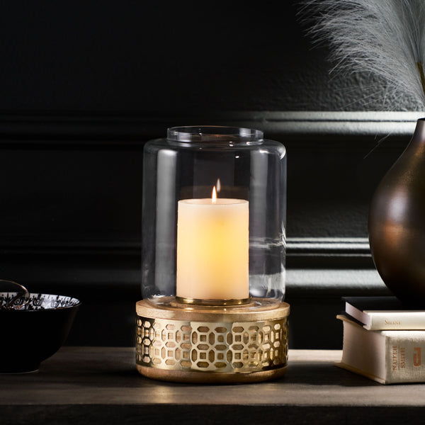 English Elm Christopher Knight Home® - CUBE Handcrafted Mango Wood Hurricane Candle Holder with Gold Accents, Tempered Glass, Boho Charm 72063.00