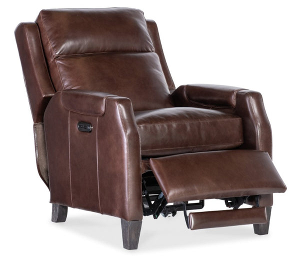 Hooker Furniture Nelson Dark Roast Leather Power Recliner W/Usb, Power Headrest, Bustle Back & Tapered Wood Legs RC818-PH-089