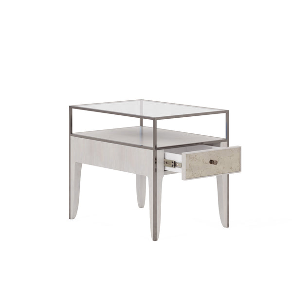 A.R.T. Furniture Mezzanine Dove Gray End Table With Antique Mirror Drawer, Glass Top, And Stylish Metal Frame Storage Light Gray Parawood And Poplar Solids,Maple Veneer,Mirror,Glass,Steel 325324-2249