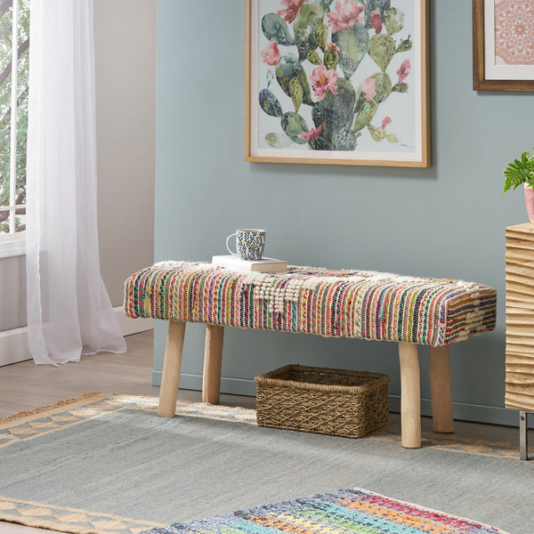 English Elm Christopher Knight Home® - Eucalyptus Wood Bench - Handcrafted Boho Upholstered Entryway Seating With Ivory Knit And Eco-Friendly Design 66418.00IVRMLT