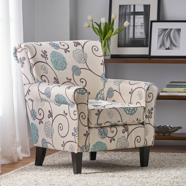 English Elm Jasmine Floral Upholstered Club Chair with Tapered Birch Legs and Tonal Piping Detail 52052.00WBLU