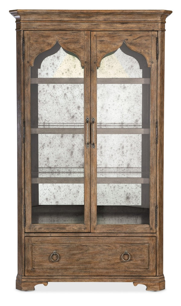Hooker Furniture Americana Honey Display Cabinet With Antique Mirror Back, Adjustable Shelves, Lighting & Drawer 7050-75908-85