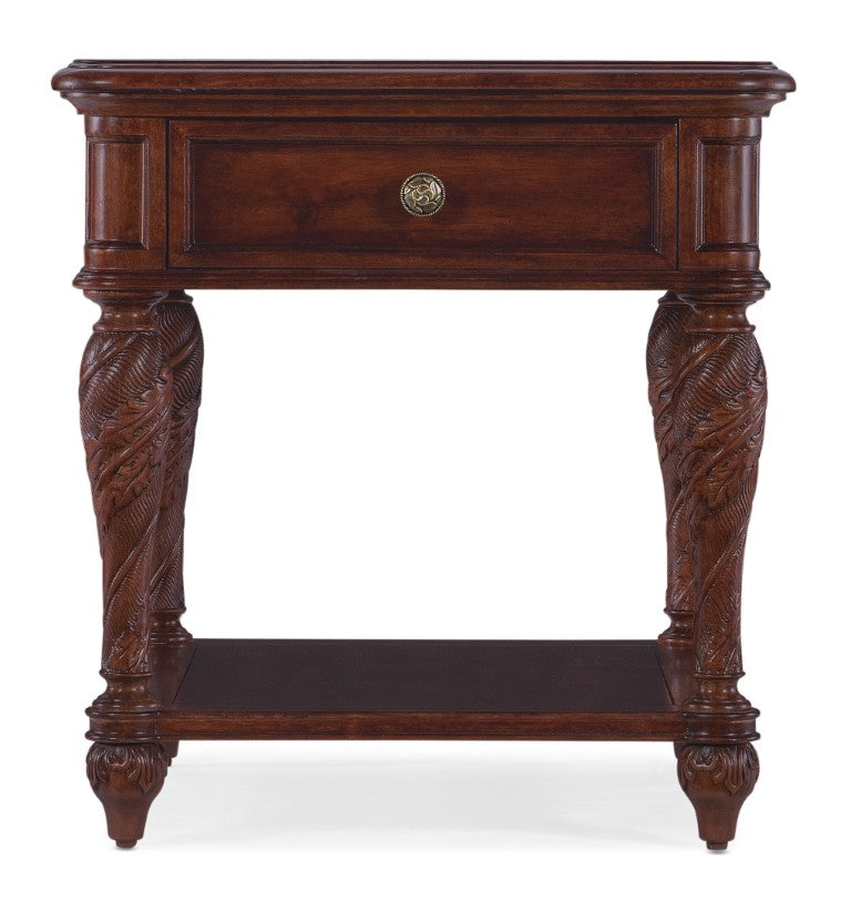 Hooker Furniture Charleston Maraschino Cherry One-Drawer End Table With Walnut Inlay, Carved Leaf Motifs & Shelf 6750-80413-85