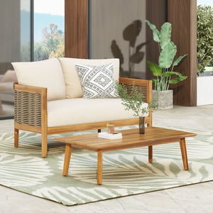 English Elm Christopher Knight Home® - 2 Outdoor Acacia Loveseat Set with Faux Rattan, Plush 6" Cushions & Slatted Coffee Table, Beige 71368.00