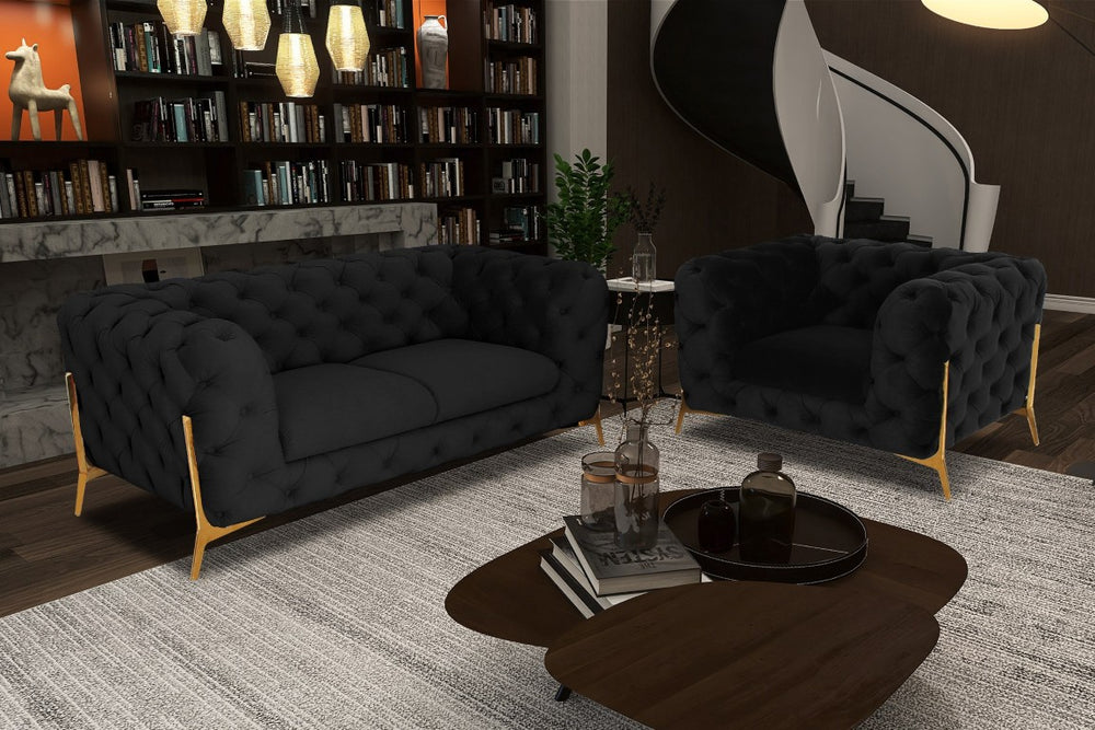 VIG Furniture Quincey Black Velvet Loveseat With Tuxedo Silhouette, Gold Legs, Diamond Tufting — Glam Transitional 74" VGKNK8520-LV-BLK