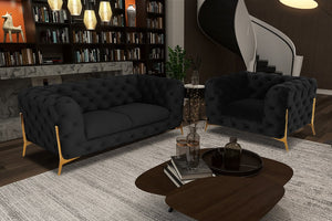 VIG Furniture Quincey Black Velvet Loveseat With Tuxedo Silhouette, Gold Legs, Diamond Tufting — Glam Transitional 74" VGKNK8520-LV-BLK